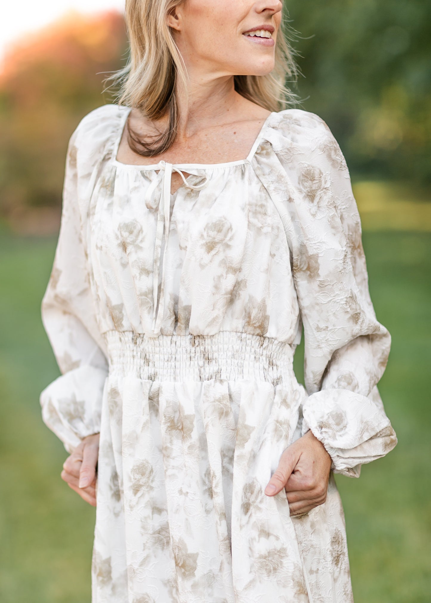 Long Sleeve Taupe Floral Square Neck Dress FF Dresses