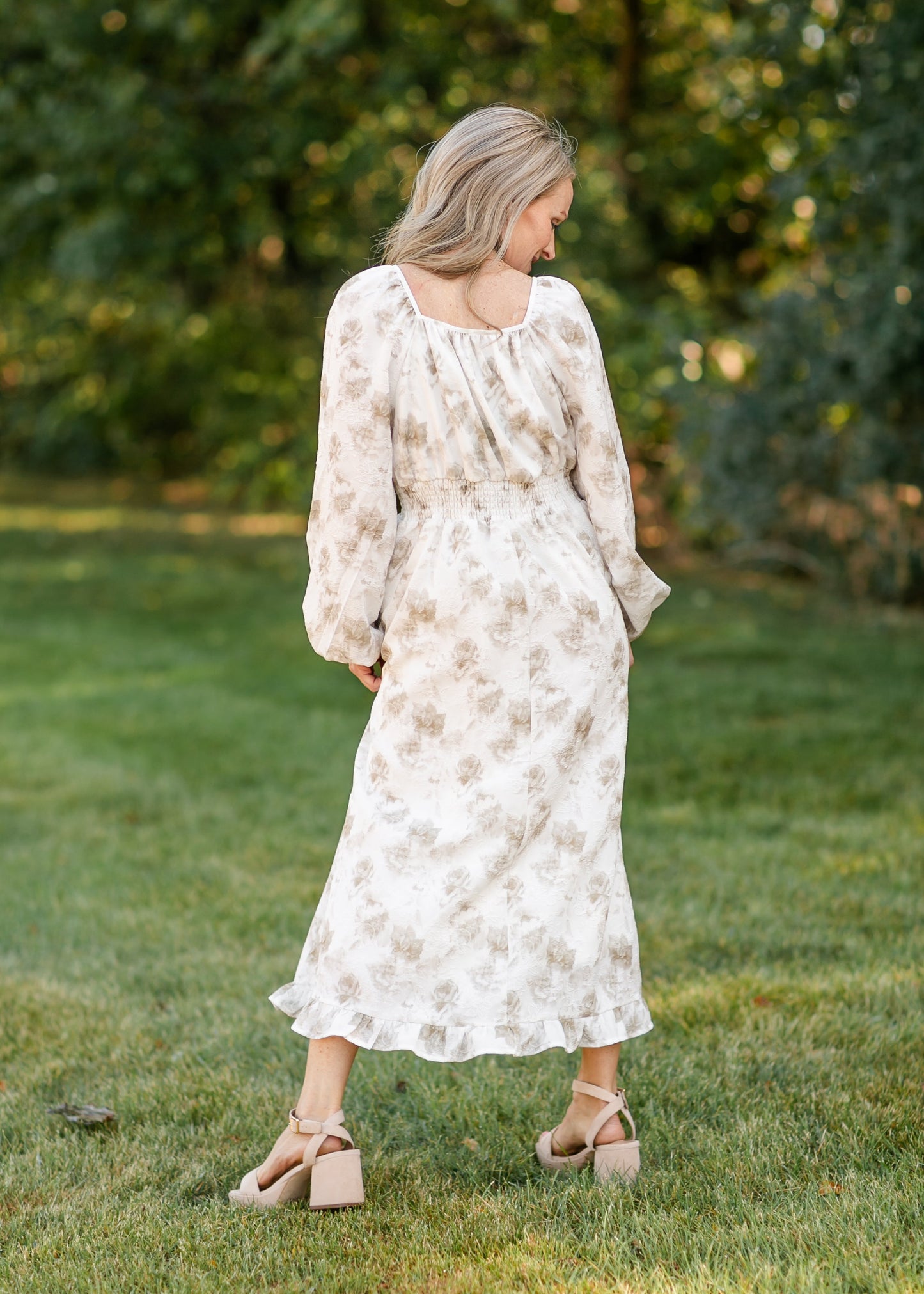 Long Sleeve Taupe Floral Square Neck Dress FF Dresses