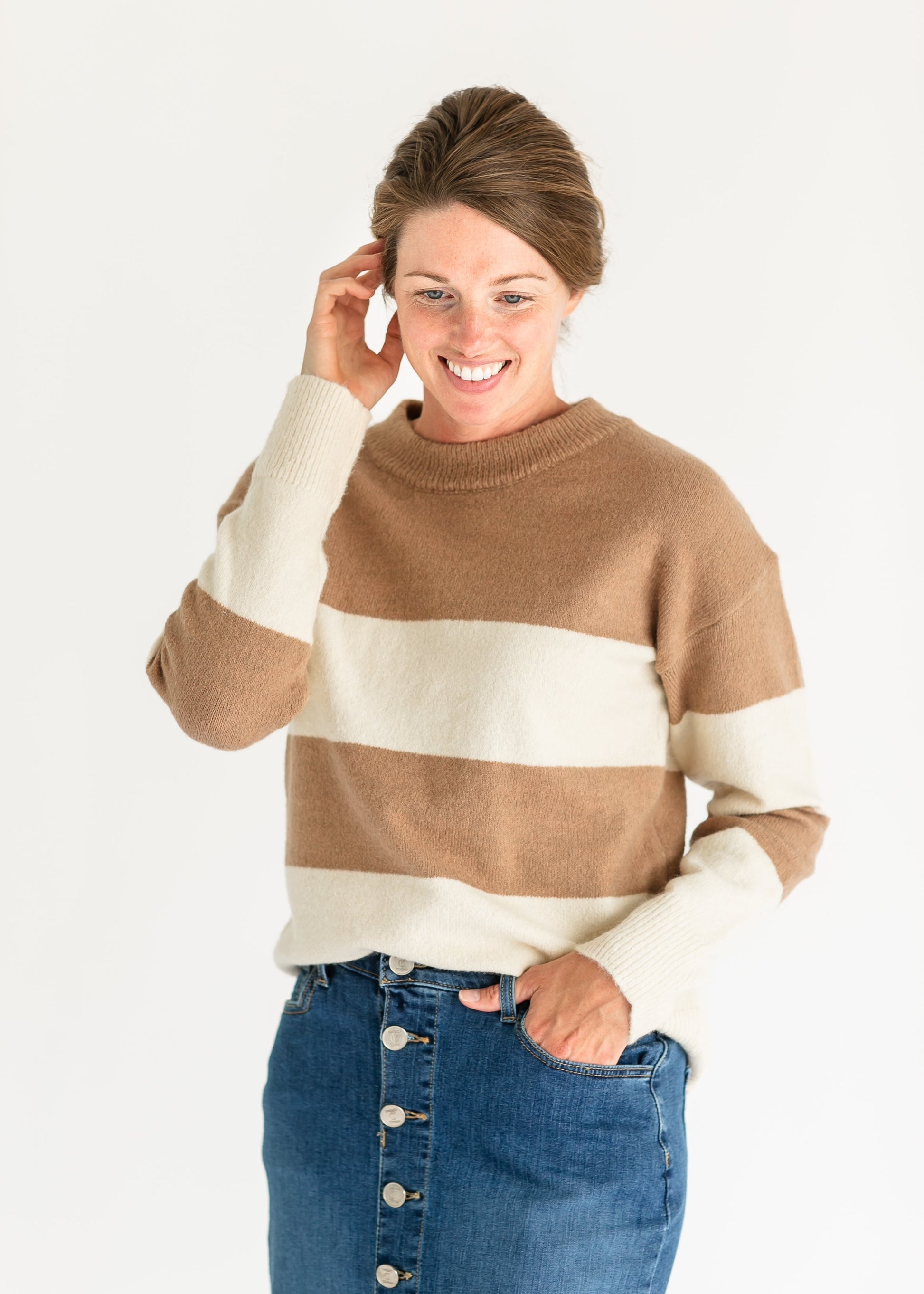 Lyra Camel Bold Stripe Crewneck Sweater FF Tops