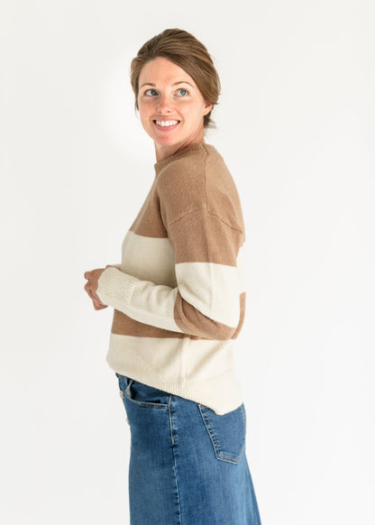 Lyra Camel Bold Stripe Crewneck Sweater FF Tops