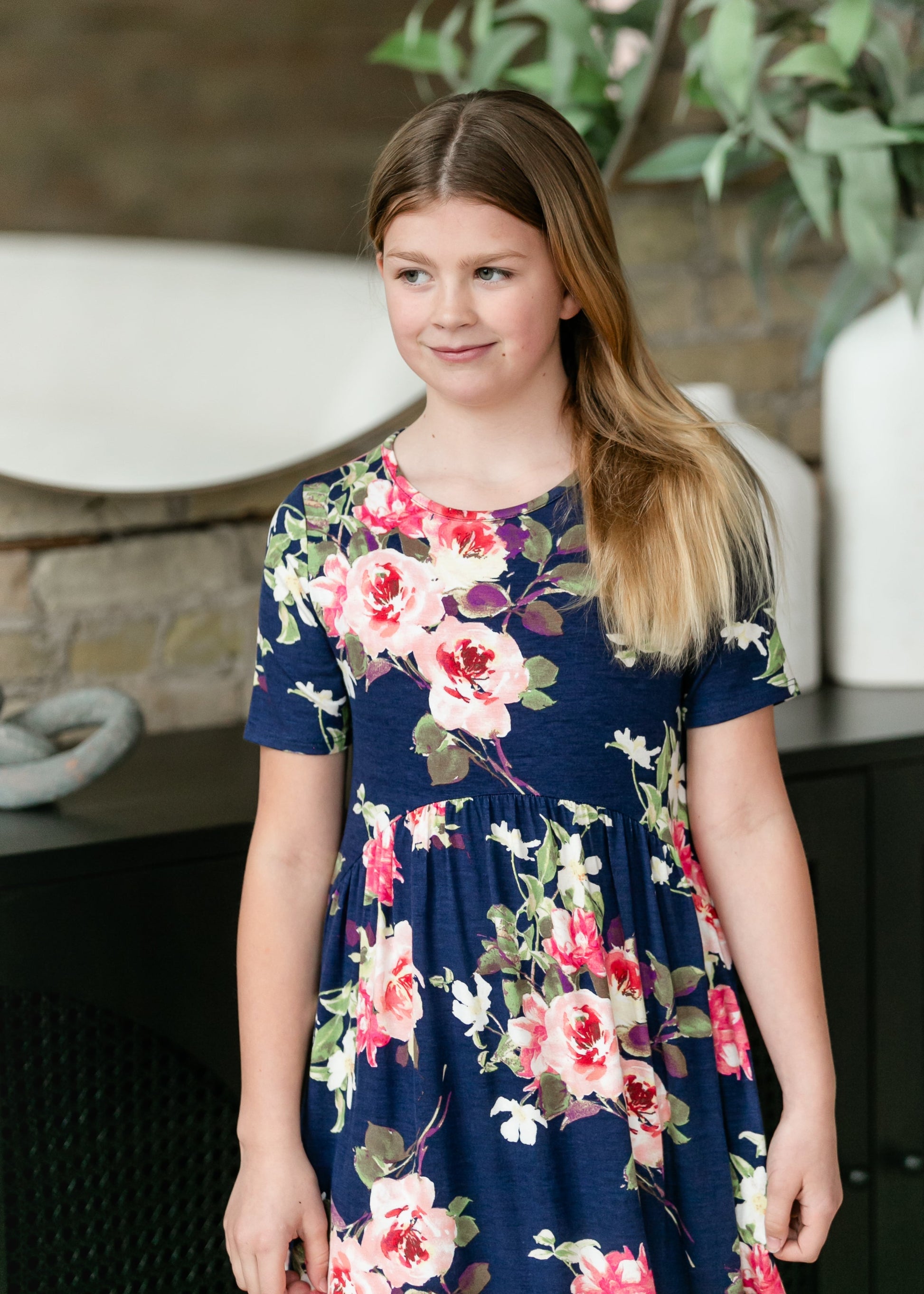 Maisie Girl's Floral Short Sleeve Midi Dress FF Girls