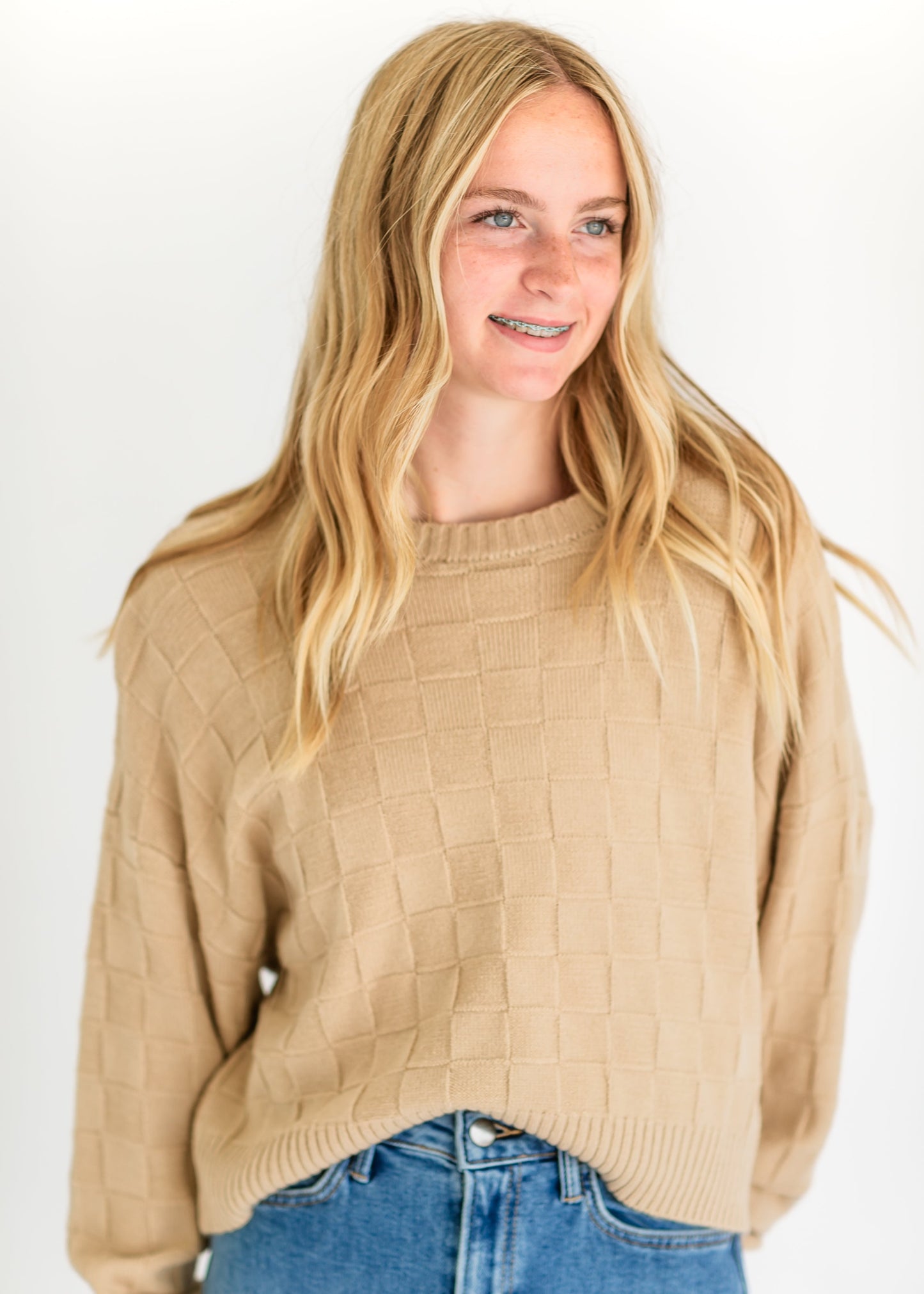 Marisol Checkered Knit Sweater FF Tops Taupe / S