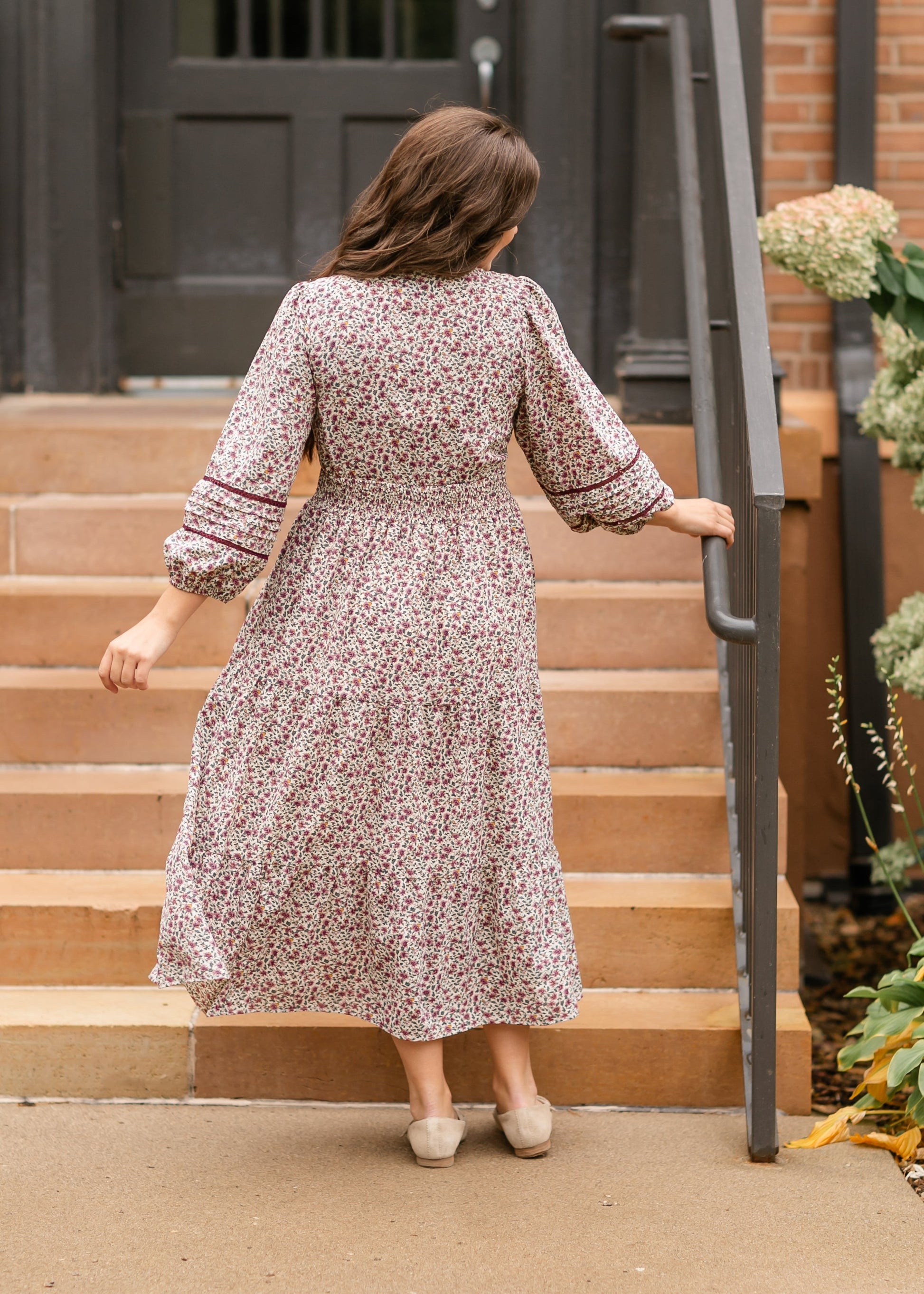 Maroon Floral 3/4 Sleeve Dress FF Dresses