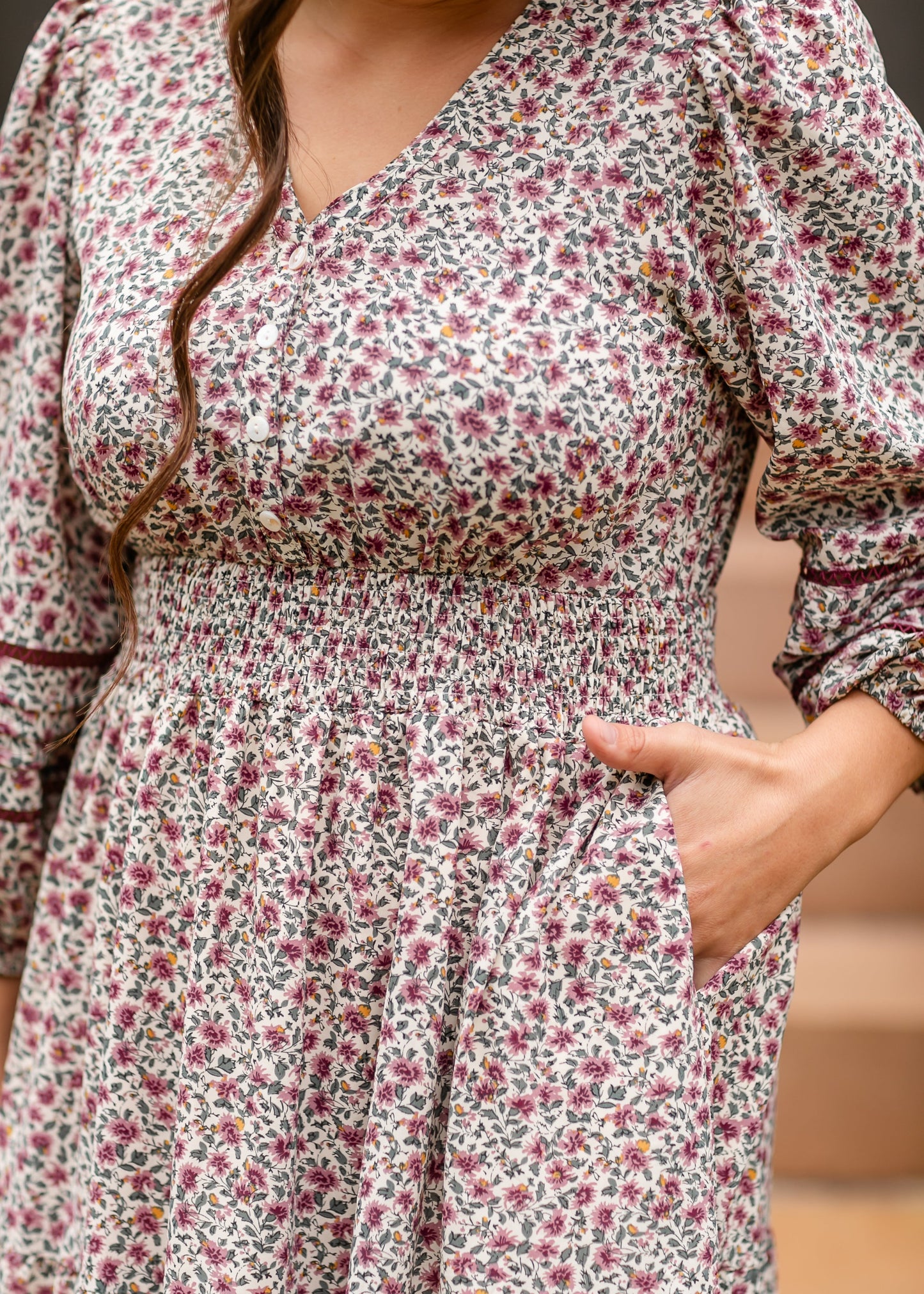 Maroon Floral 3/4 Sleeve Dress FF Dresses