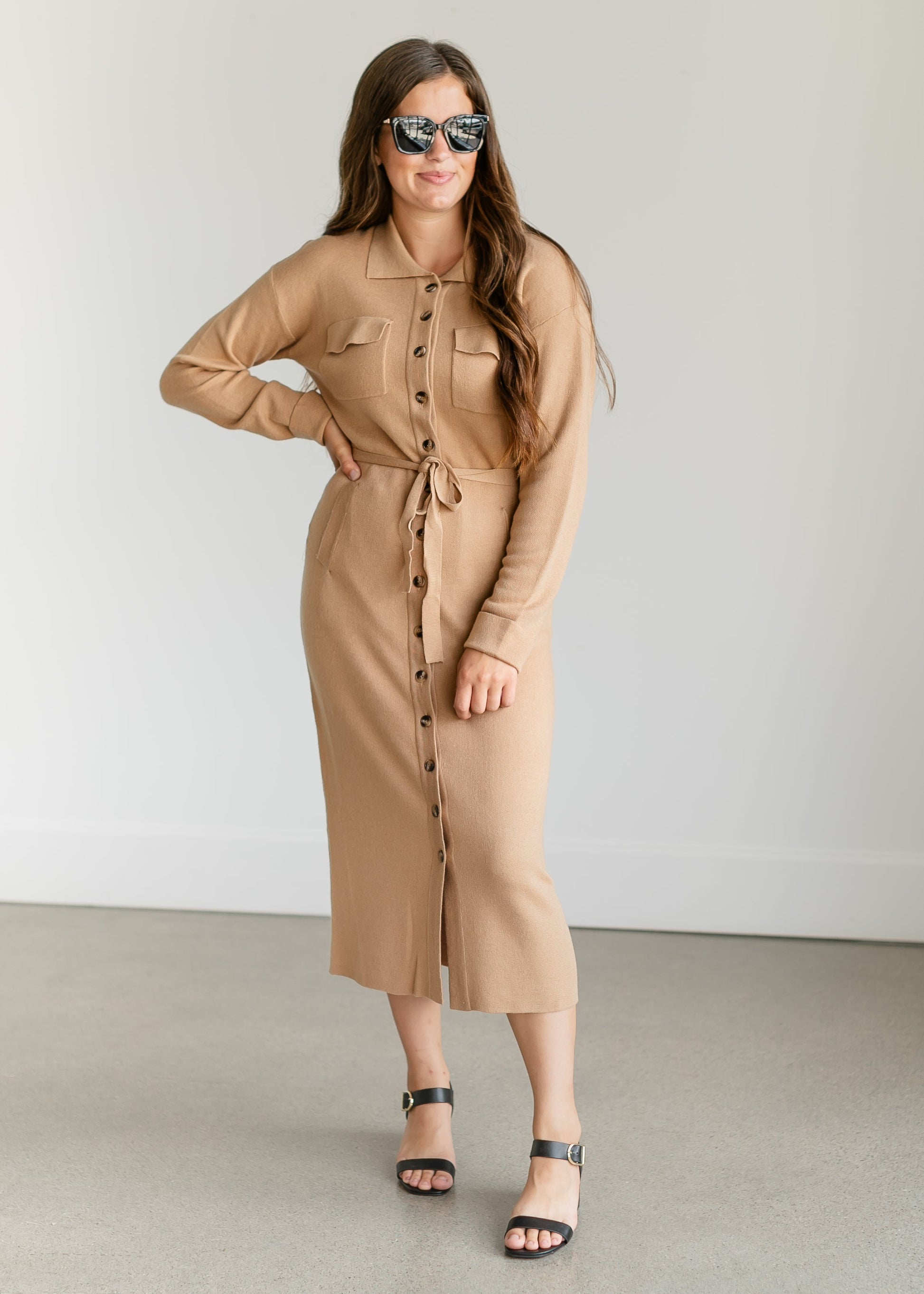 Melina Button-up Knit Midi Dress FF Dresses Camel / XS