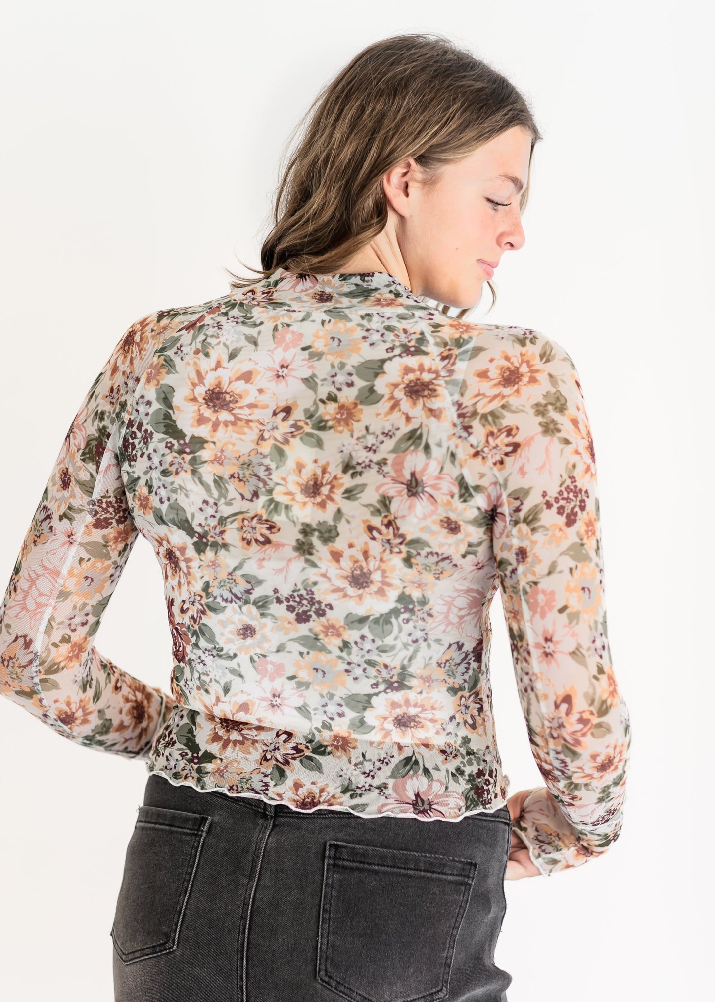 Mesh Floral Long Sleeve Top FF Tops