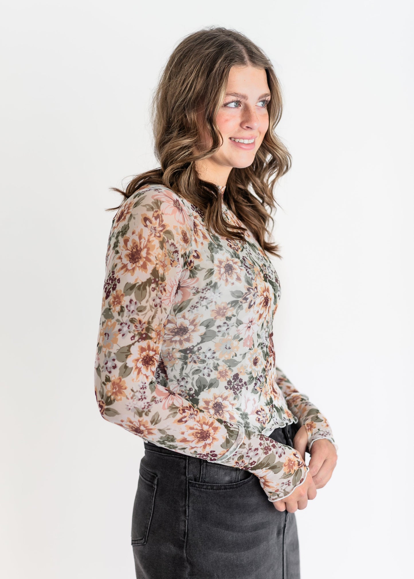 Mesh Floral Long Sleeve Top FF Tops