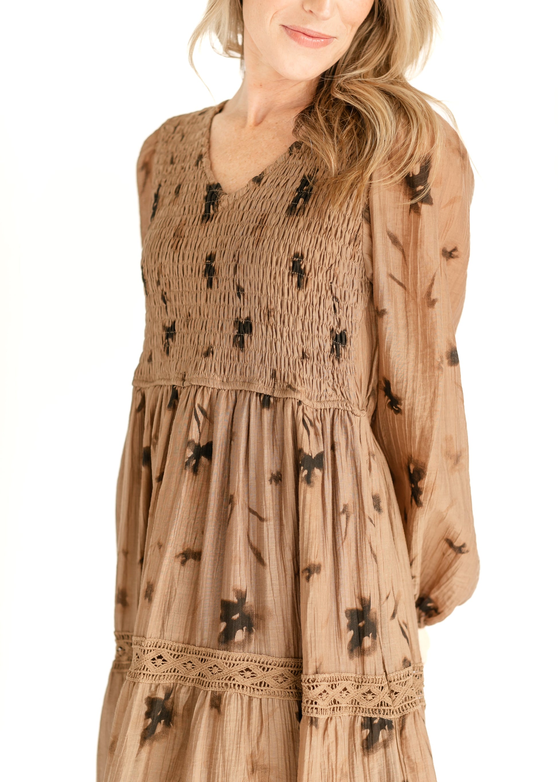 Mocha Floral V-neck Smocked Maxi Dress FF Dresses