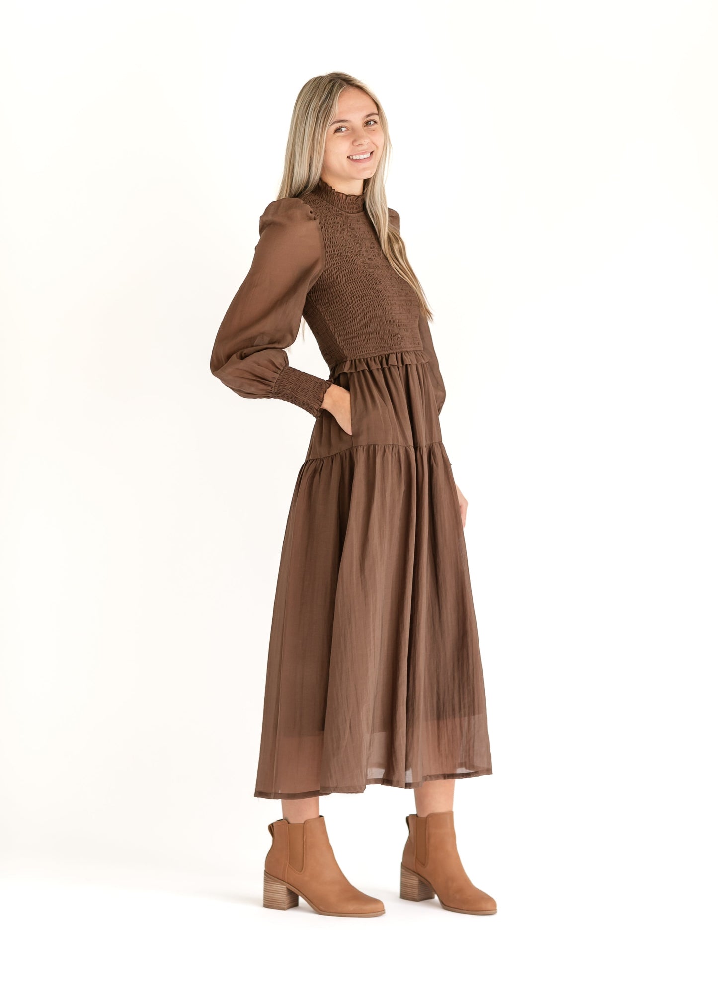 Mockneck Smocked Long Sleeve Dress FF Dresses