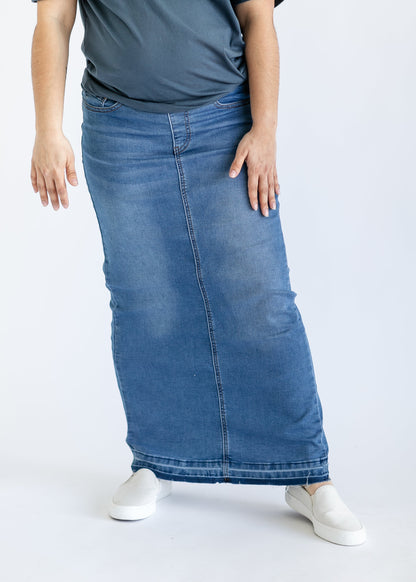 Morgan Maternity Distressed Raw Hem Long Denim Skirt IC Skirts