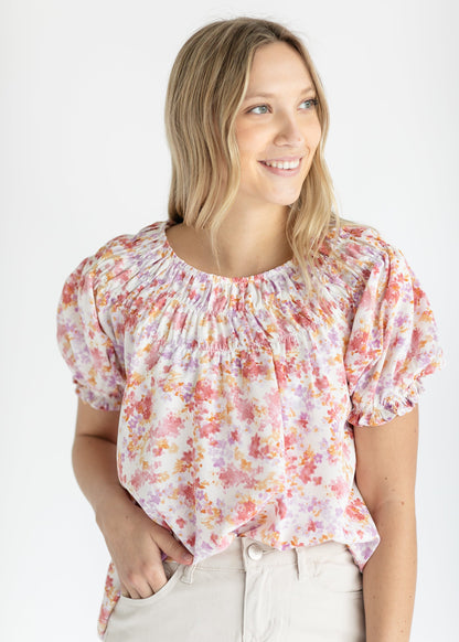 Multi-Floral Boat Neck Short Sleeve Top FF Tops