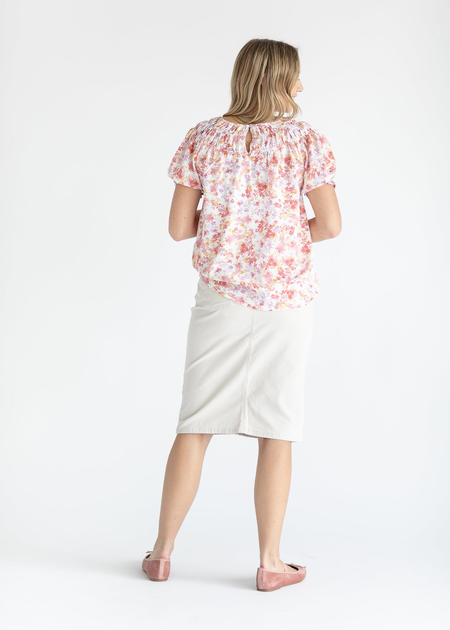 Multi-Floral Boat Neck Short Sleeve Top FF Tops