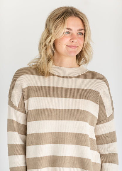 Nella Taupe Bold Stripe Knit Sweater FF Tops