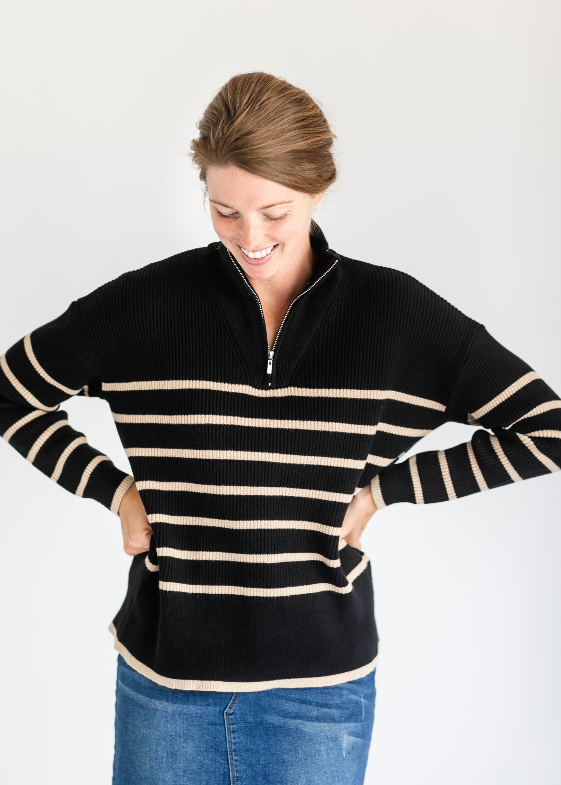 Nova Taupe Striped Black Quarter Zip Sweater FF Tops