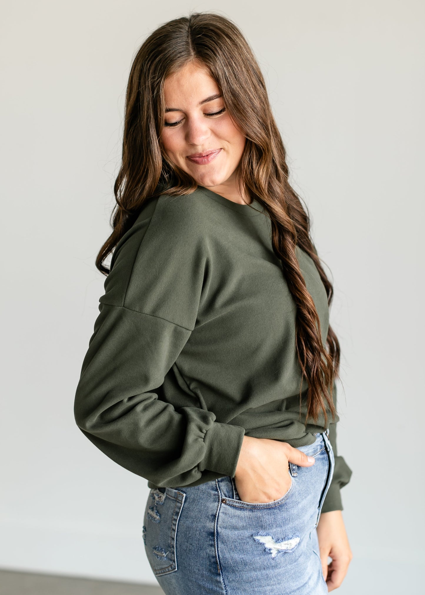 Olive Soft Crewneck Pullover Top FF Tops