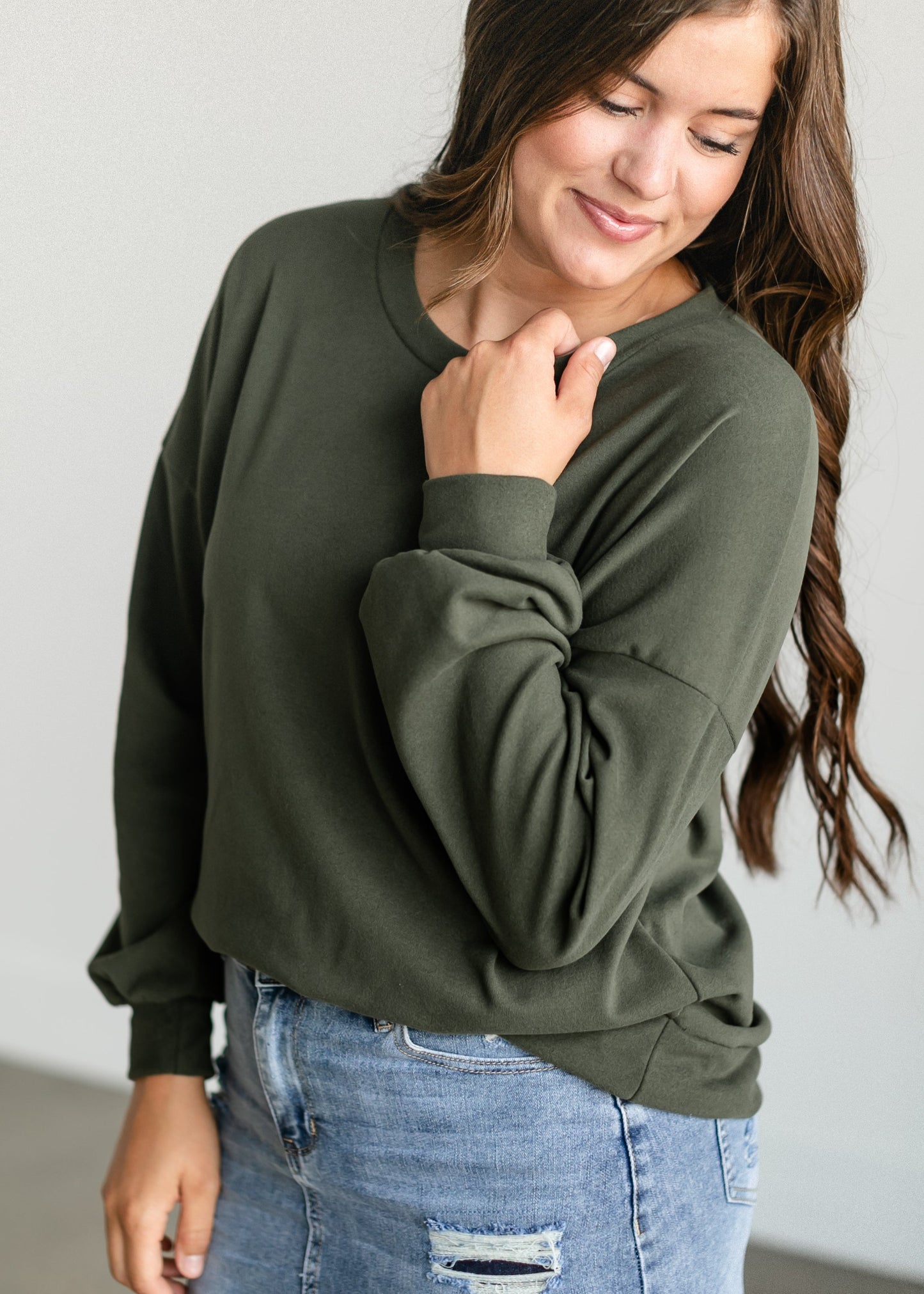 Olive Soft Crewneck Pullover Top FF Tops