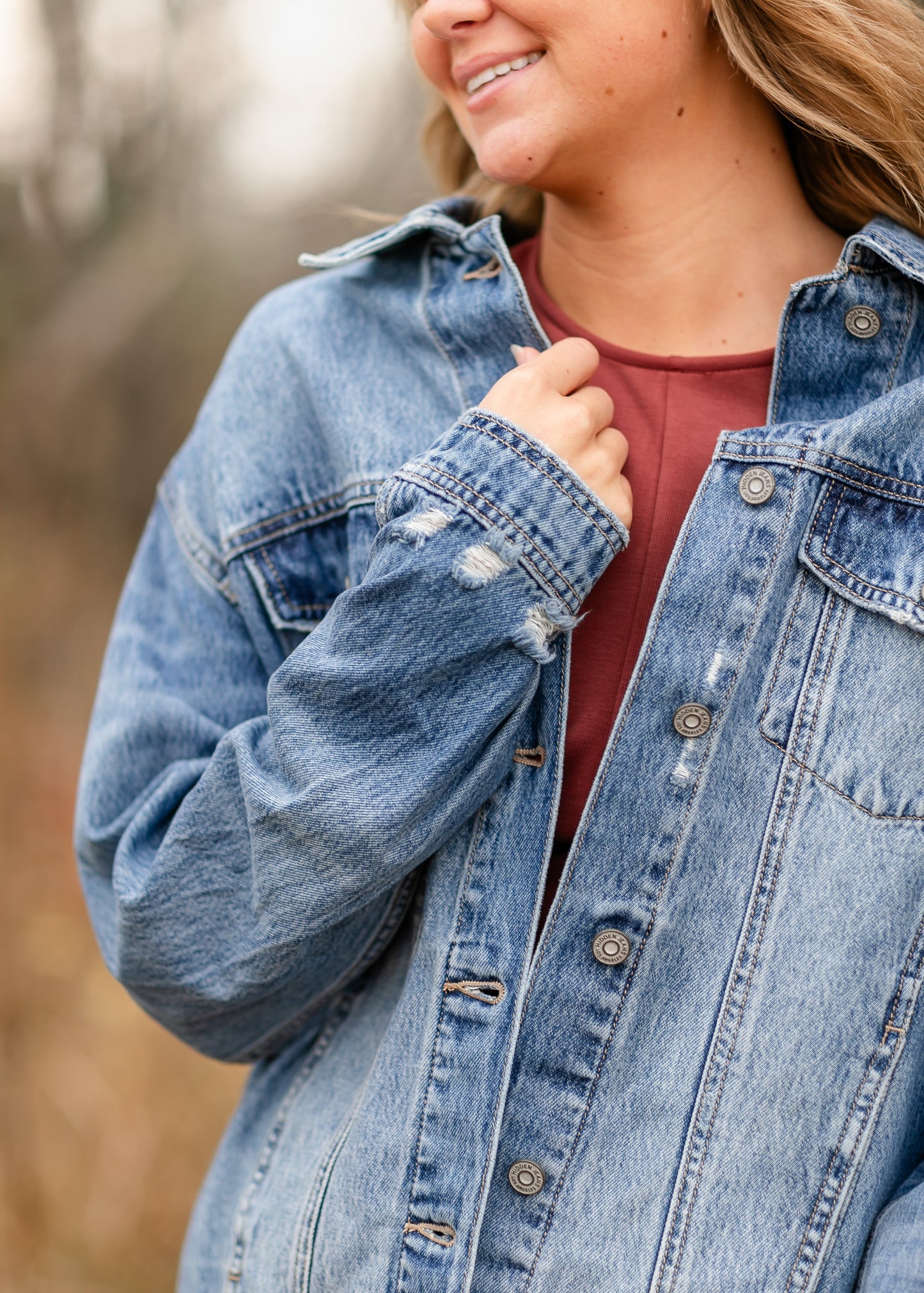 Oversized Denim Distressed Jacket FF Tops