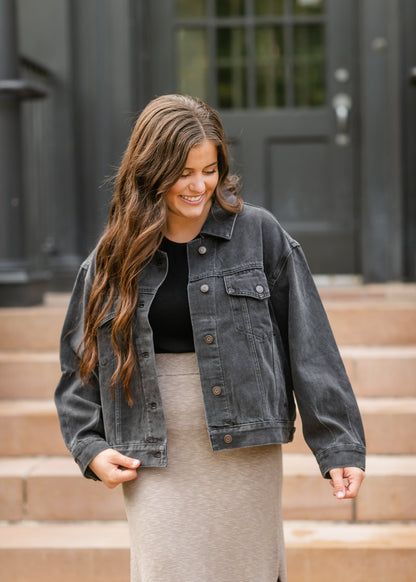 Oversized Washed Black Denim Jacket FF Tops