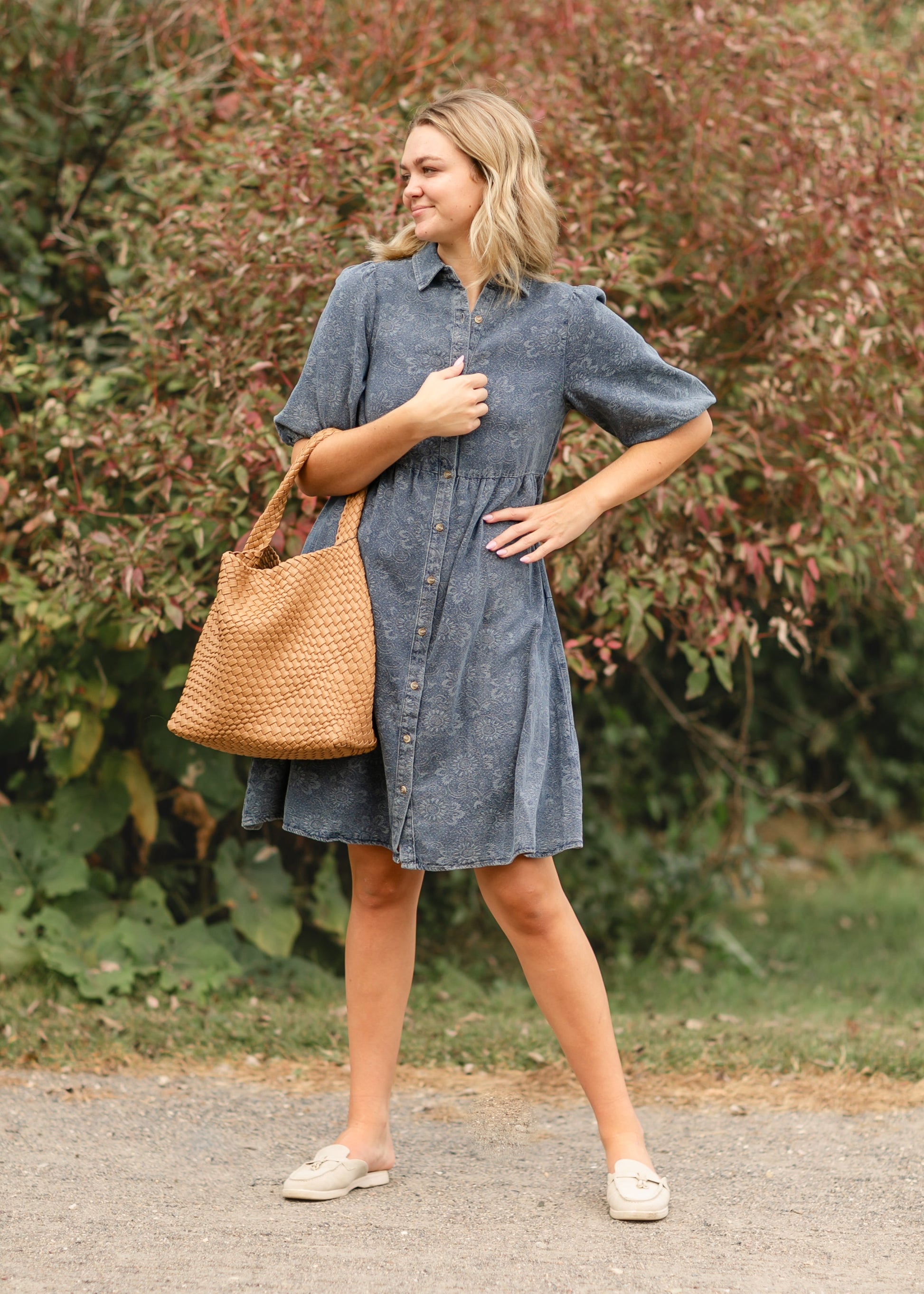 Paisley Print Denim Midi Shirt Dress FF Dresses