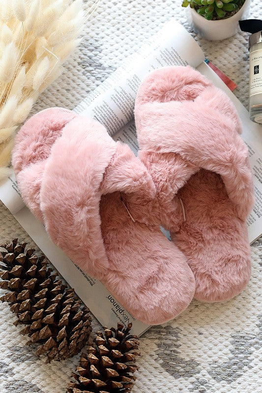 Pink Faux Fur Criss Cross Slide Slippers