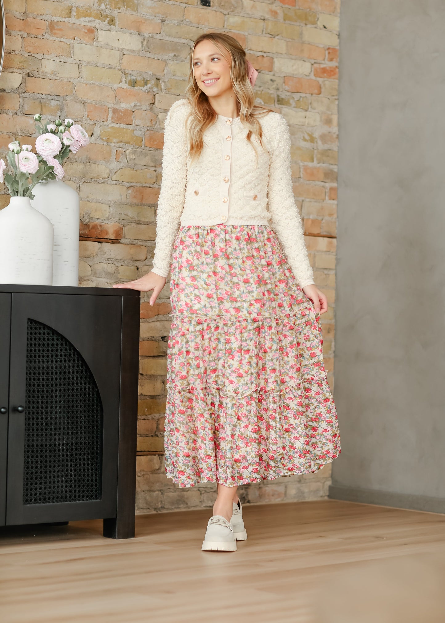 Pink Floral Ruffle Tiered Midi Skirt FF Skirts