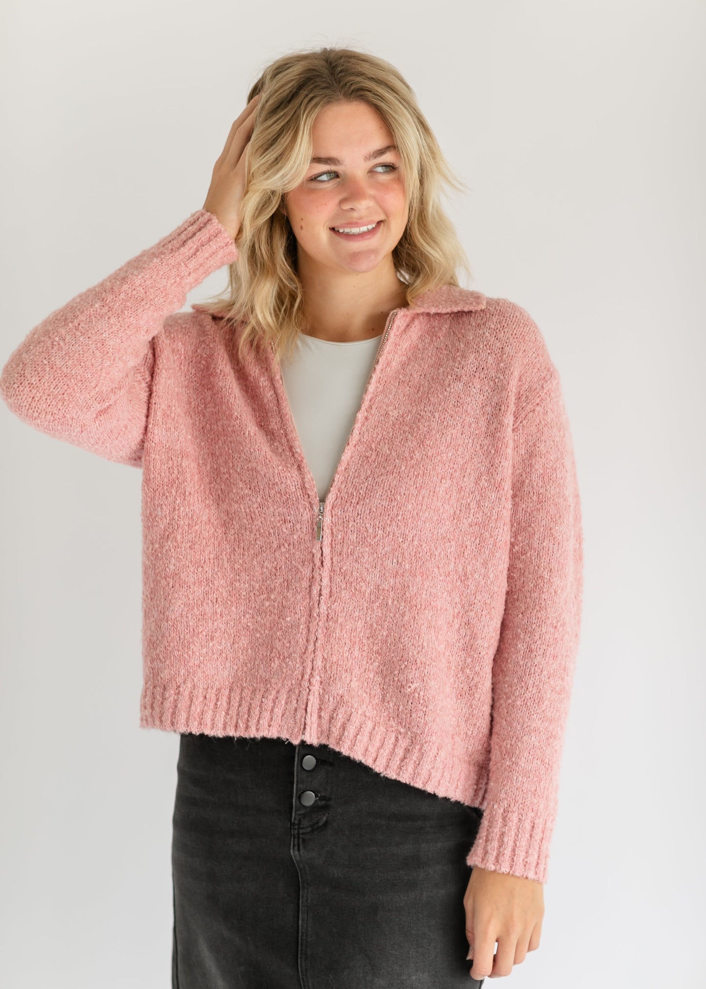 Pink Soft Zip Up Cardigan FF Tops