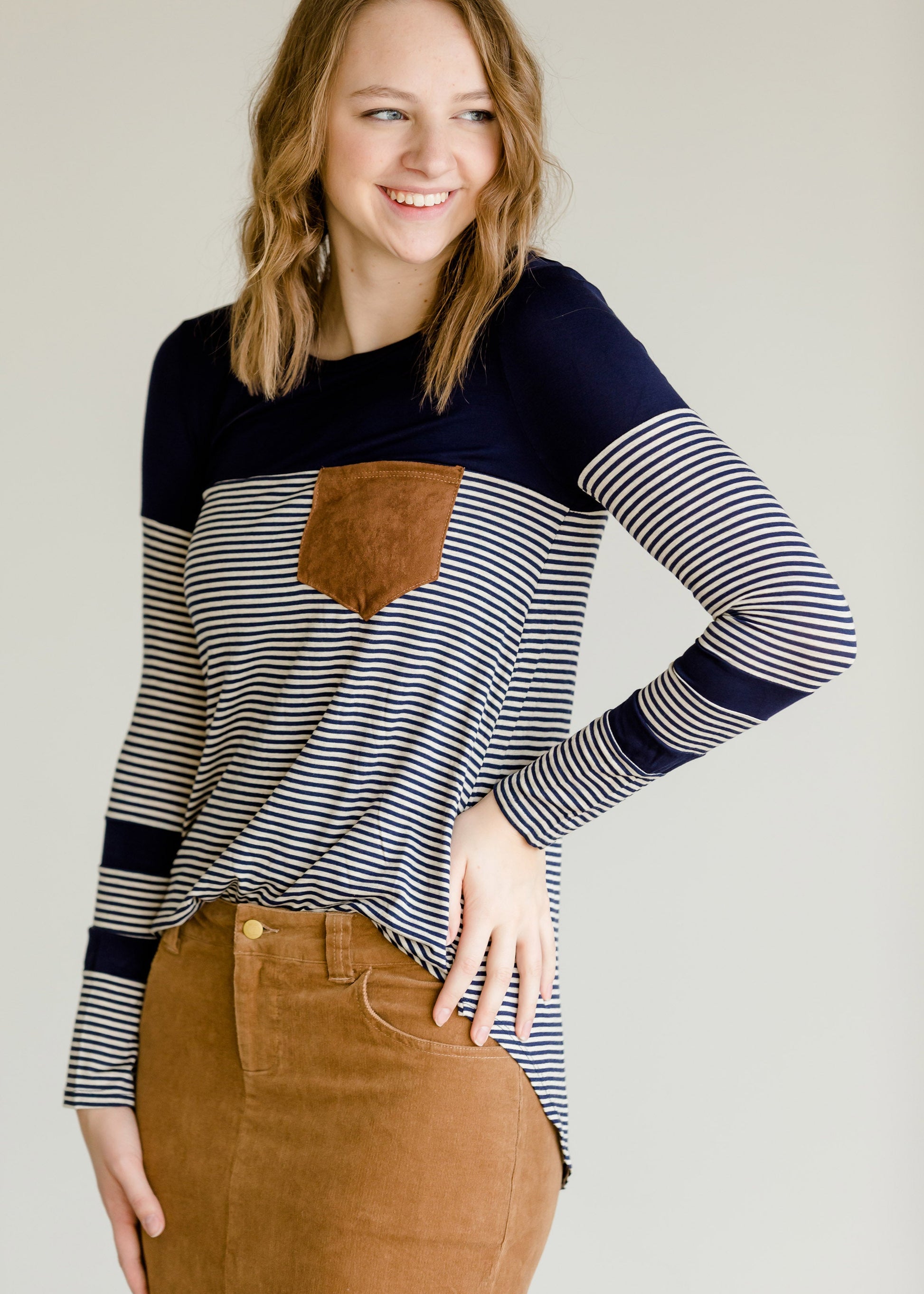 Pinstripe Long Sleeve Pocket Top - FINAL SALE FF Tops