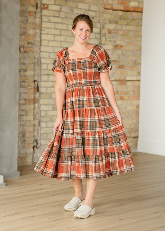 Plaid Tiered Short Sleeve Dress FF Dresses