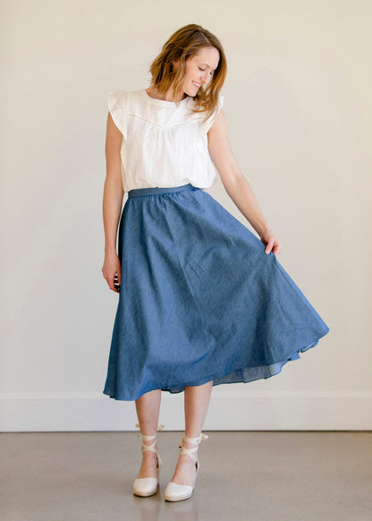 Pleated A-Line Chambray Midi Skirt - FINAL SALE FF Skirts