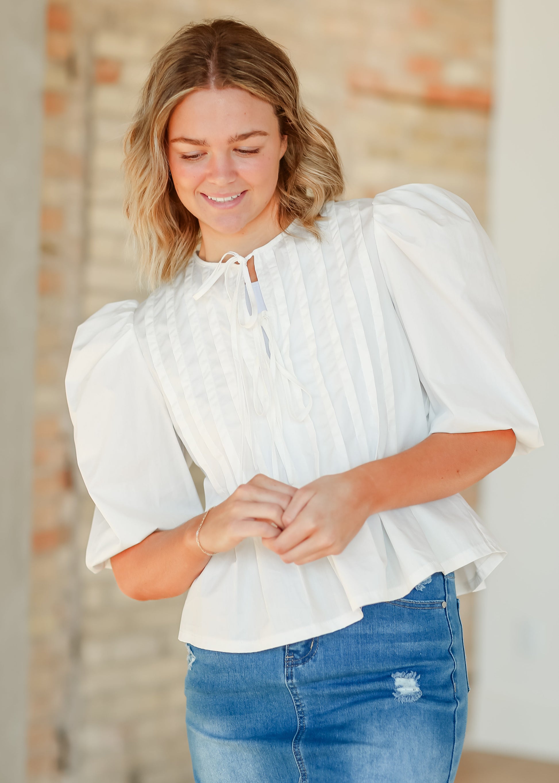 Pleated Cotton 3/4 Sleeve Top FF Tops