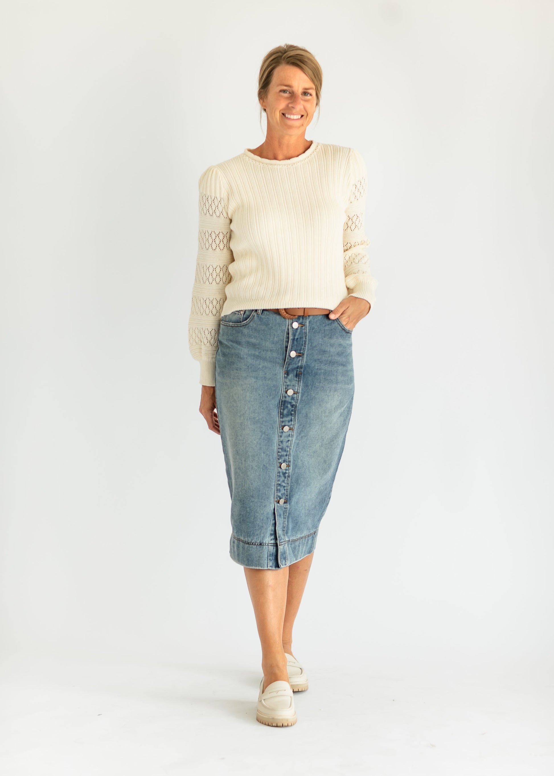 Pointelle Sleeve Ribbed Sweater FF Tops