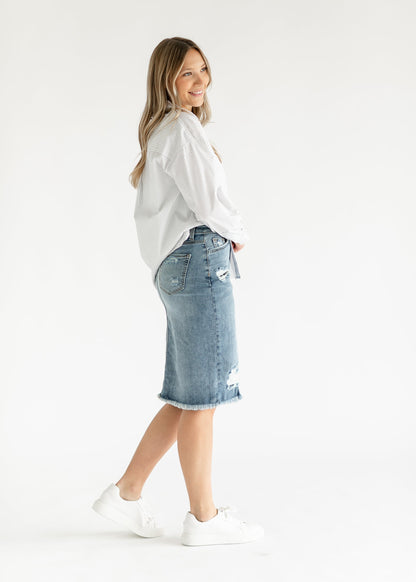 Presley Distressed Denim Midi Skirt IC Skirts