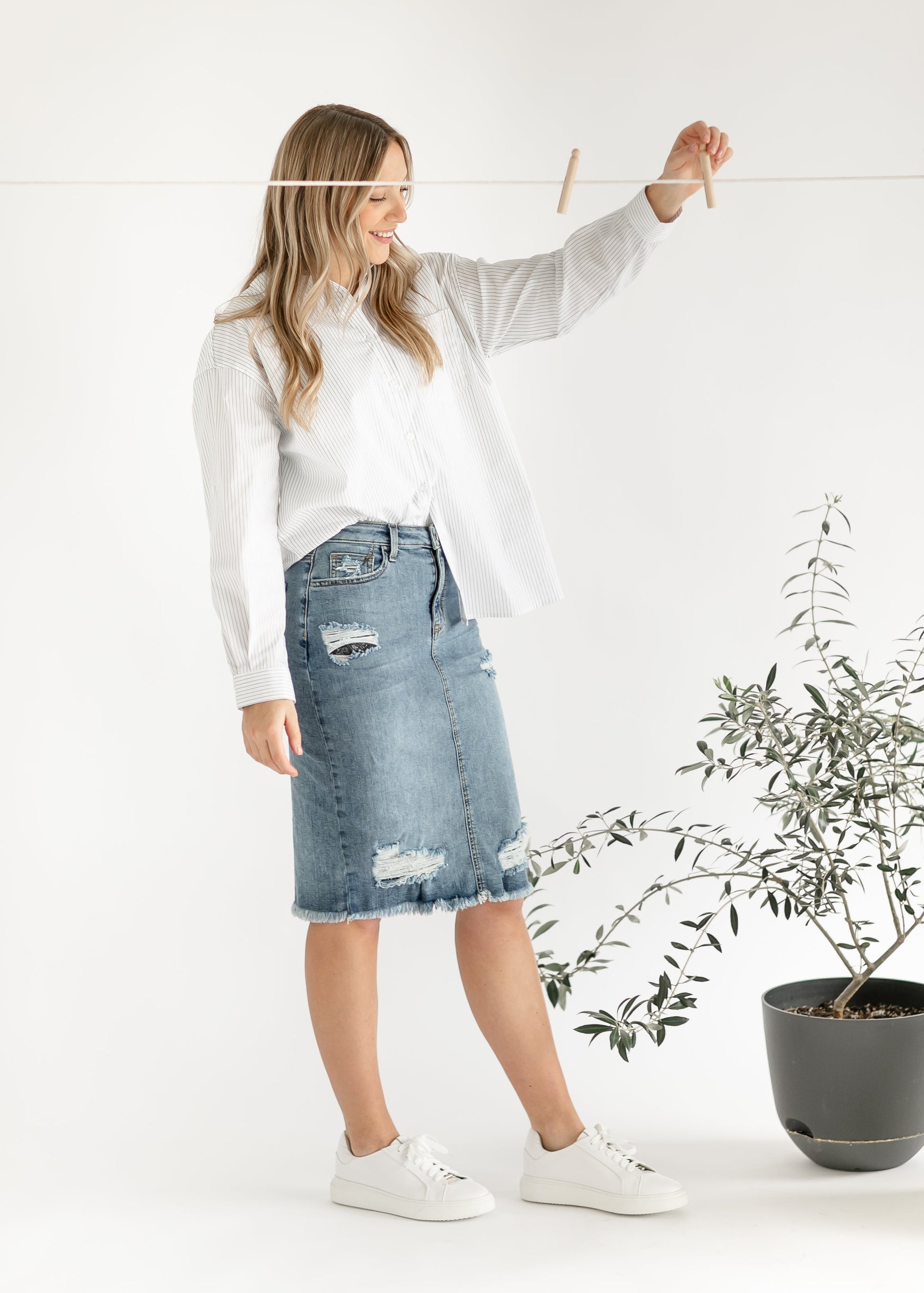 Presley Distressed Denim Midi Skirt IC Skirts