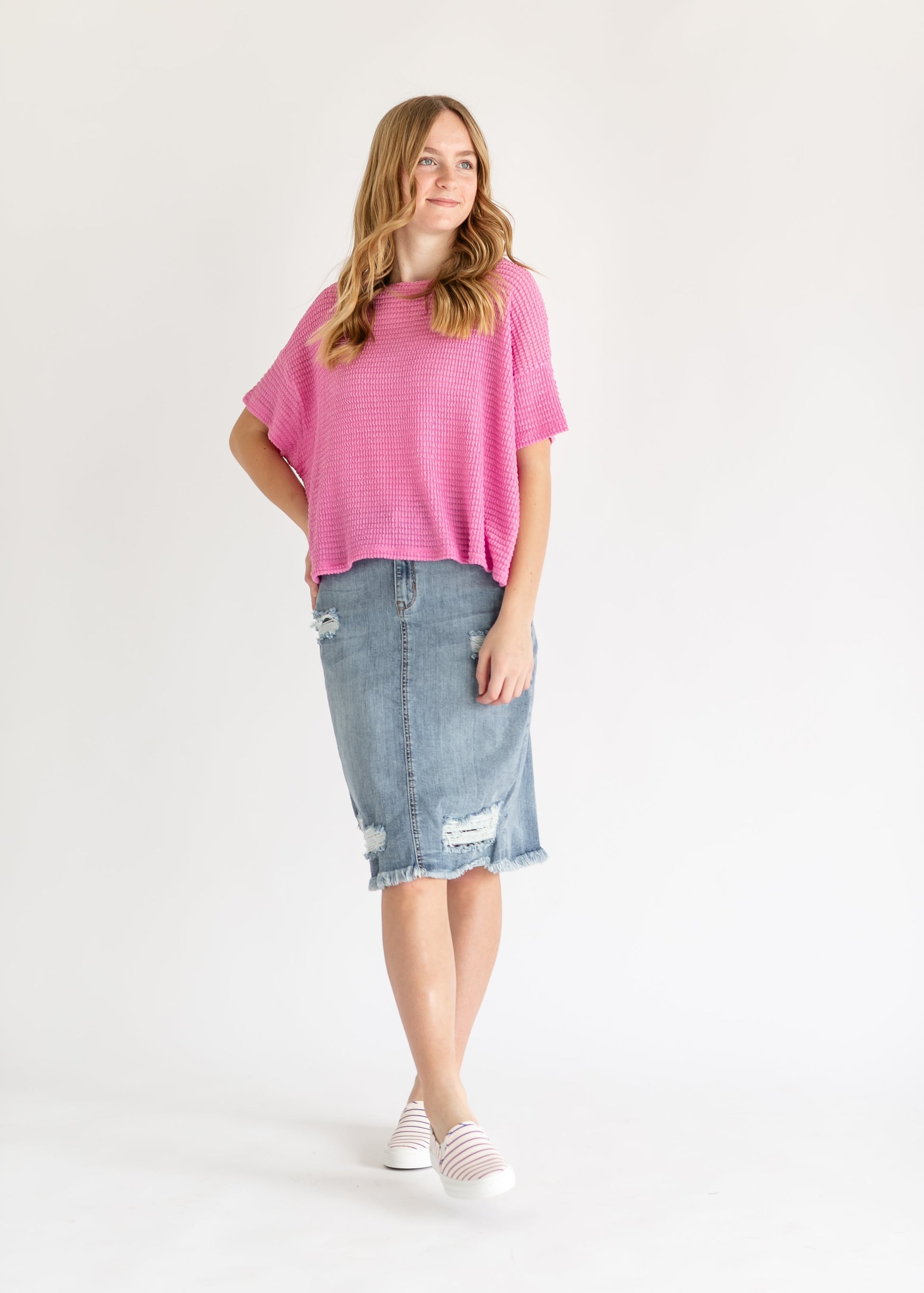 Presley Distressed Denim Midi Skirt IC Skirts