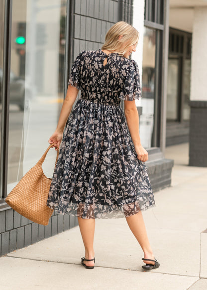 Printed Mesh Smocked Top Midi Dress FF Dresses