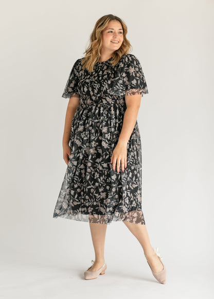 Printed Mesh Smocked Top Midi Dress FF Dresses