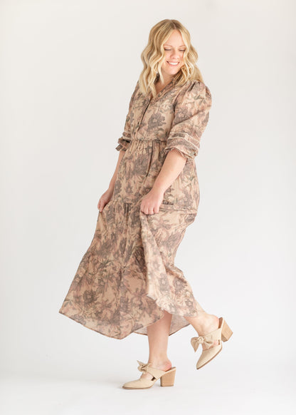 Printed Tiered Long Sleeve Maxi Dress FF Dresses