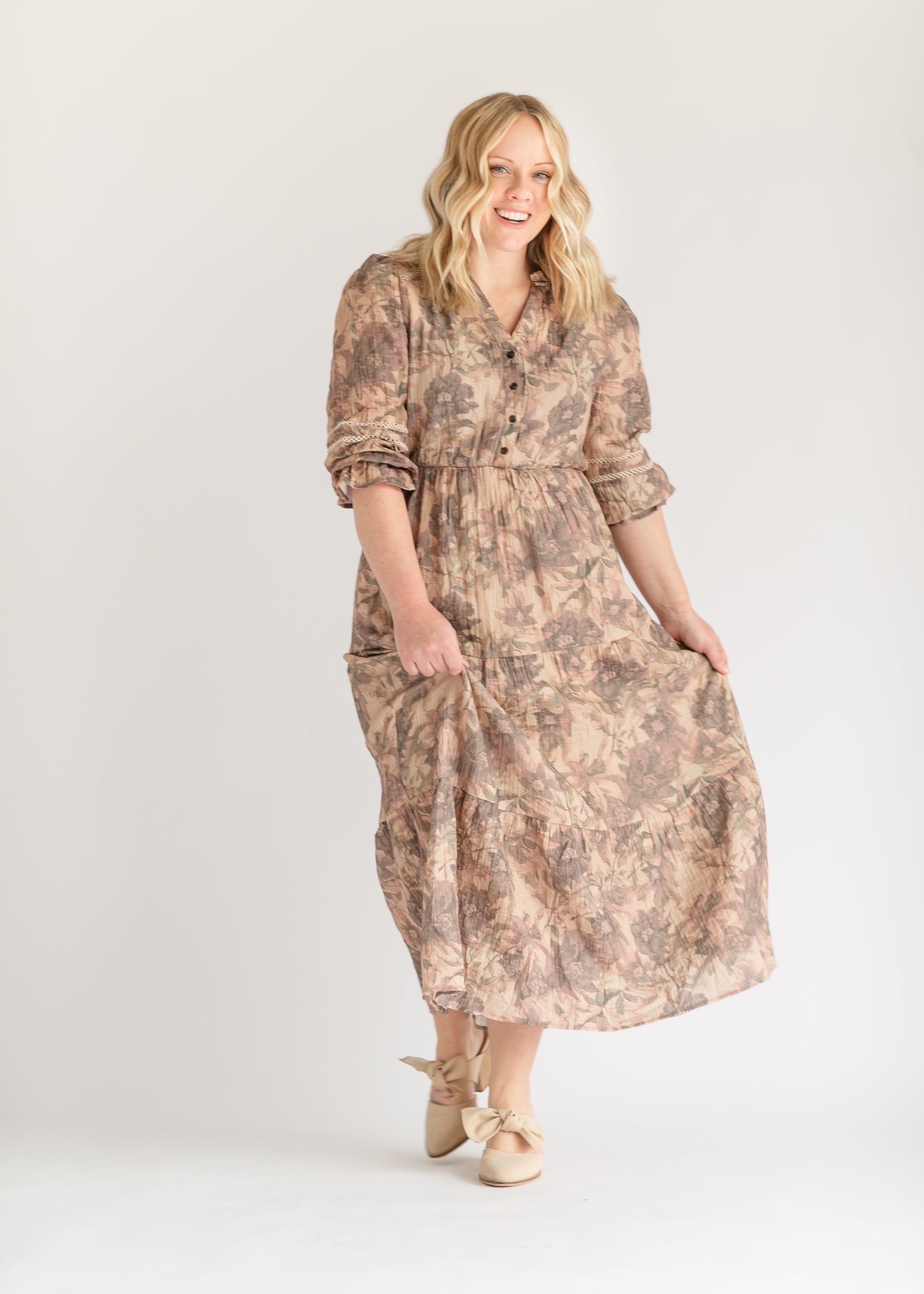 Printed Tiered Long Sleeve Maxi Dress FF Dresses