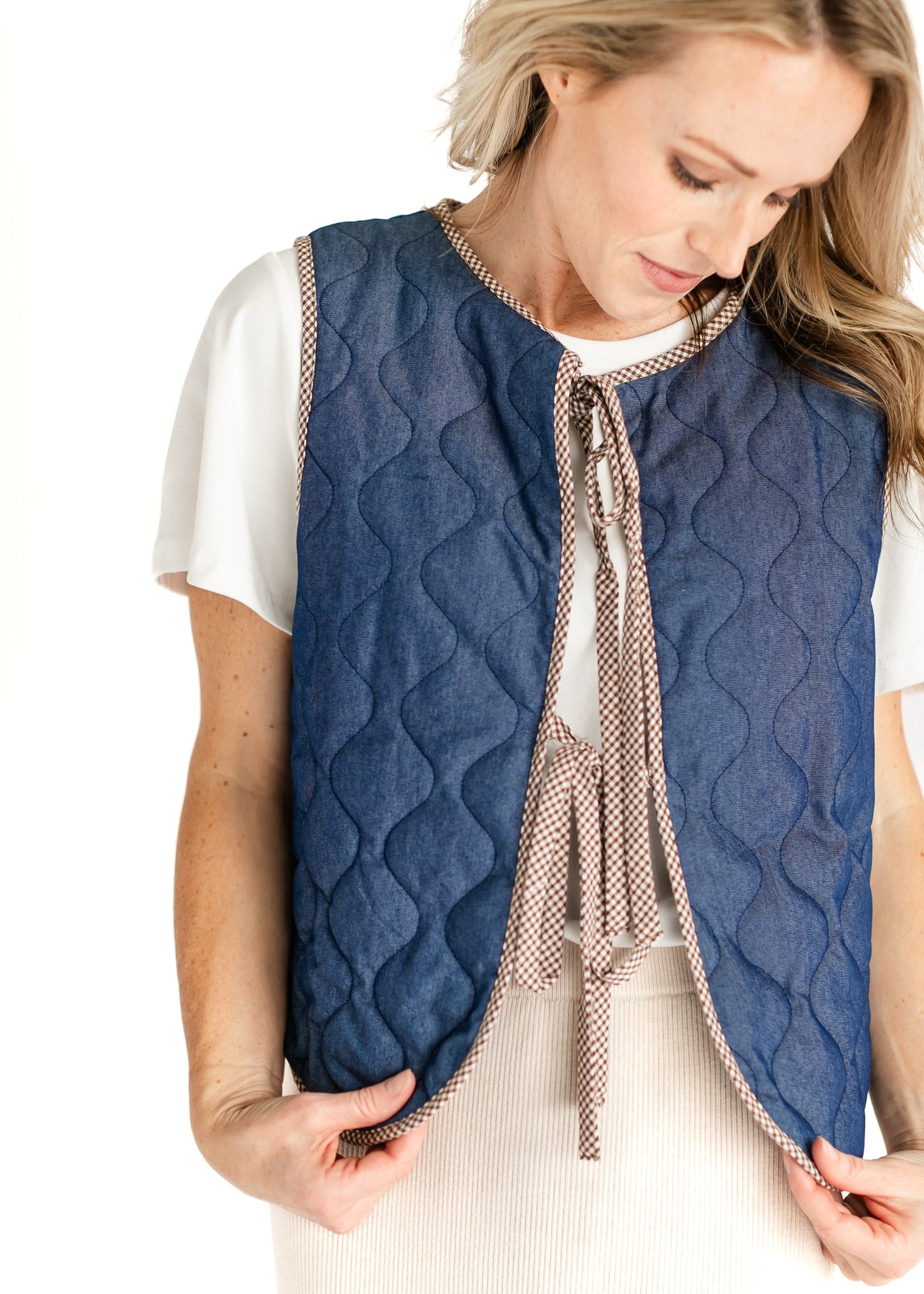 Quilted Front Tie Dark Denim Vest FF Tops