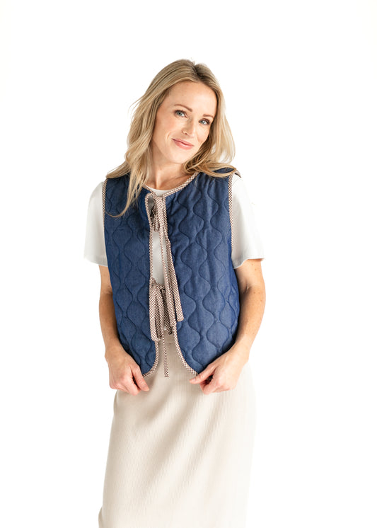 Quilted Front Tie Dark Denim Vest FF Tops