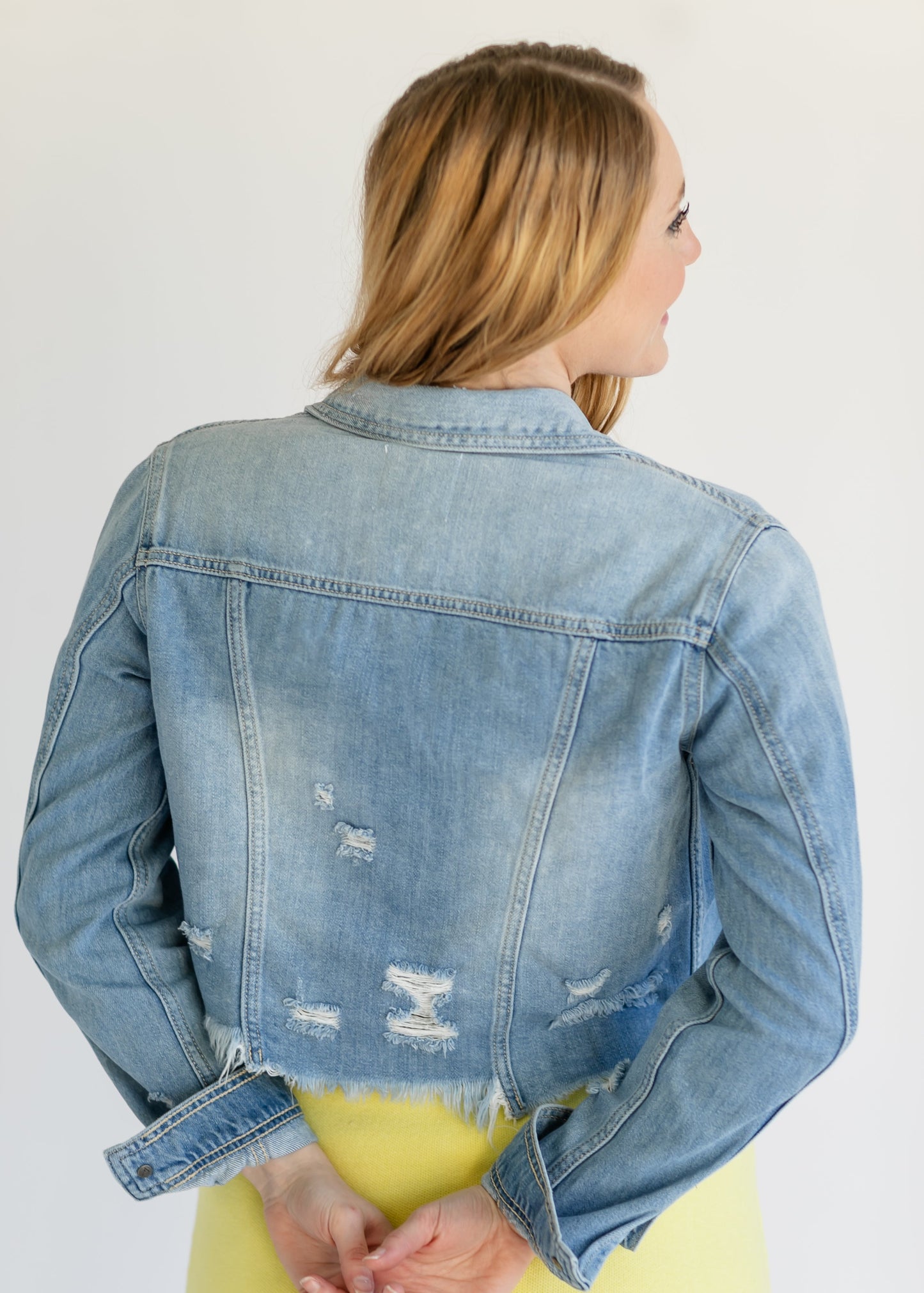 Raw Hem Distressed Light Wash Denim Jacket FF Tops