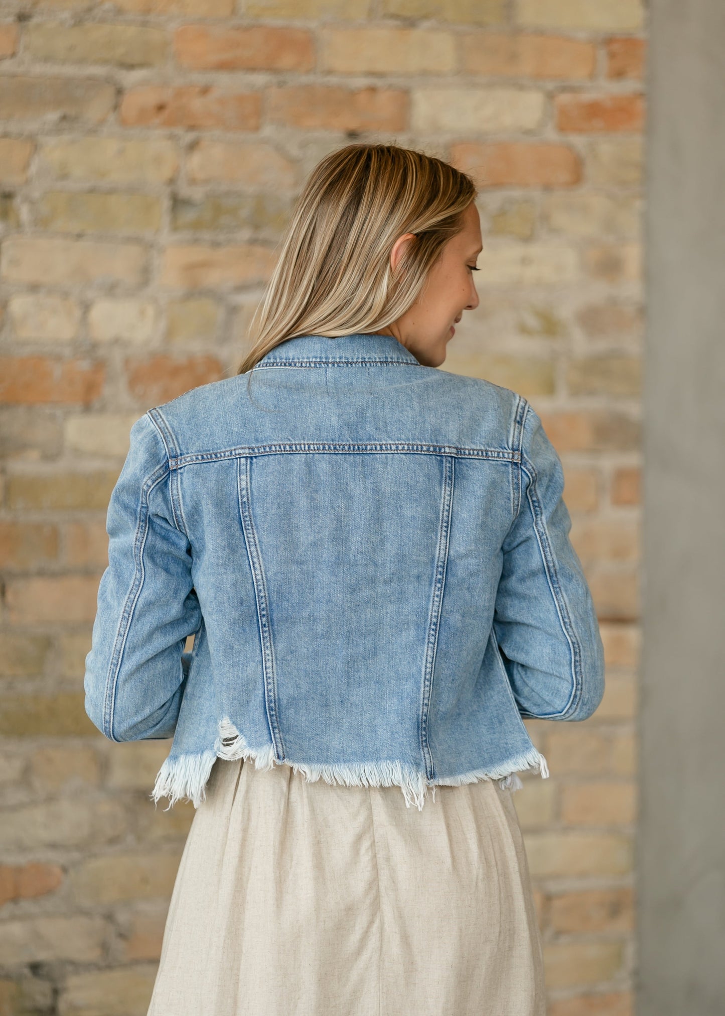 Raw Hem Medium Wash Denim Jacket FF Tops