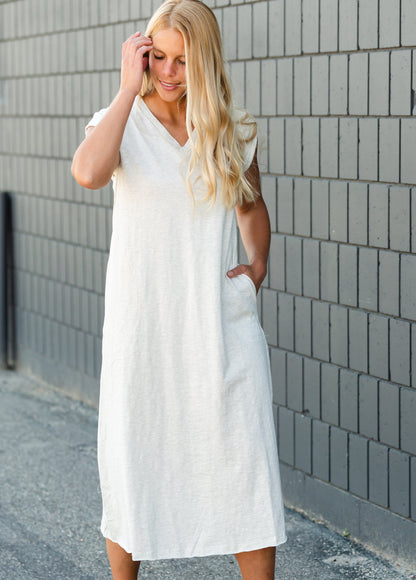 Raw Hem V-Neck Oatmeal Dress FF Dresses