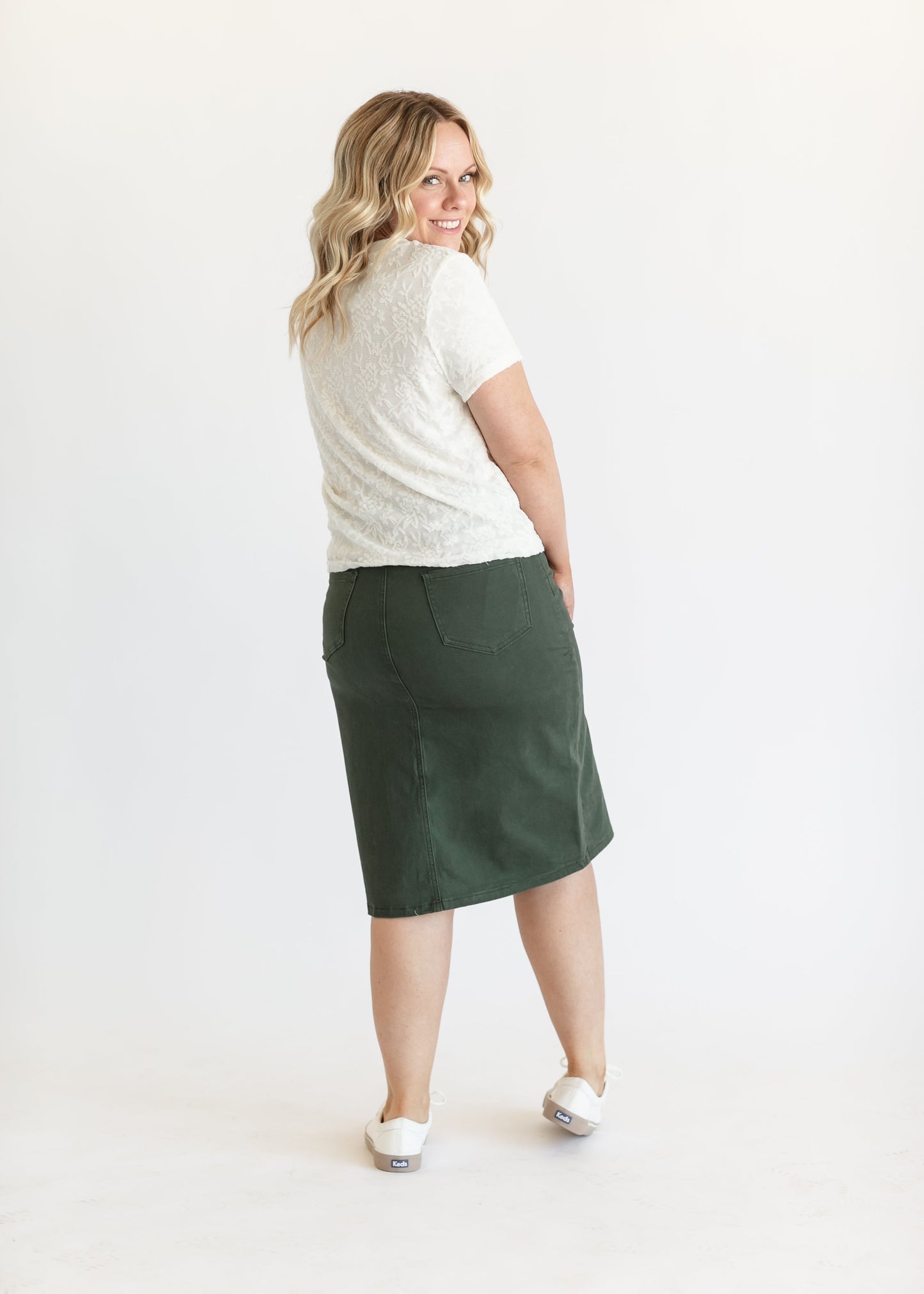 Remi Olive Branch Denim Midi Skirt IC Skirts