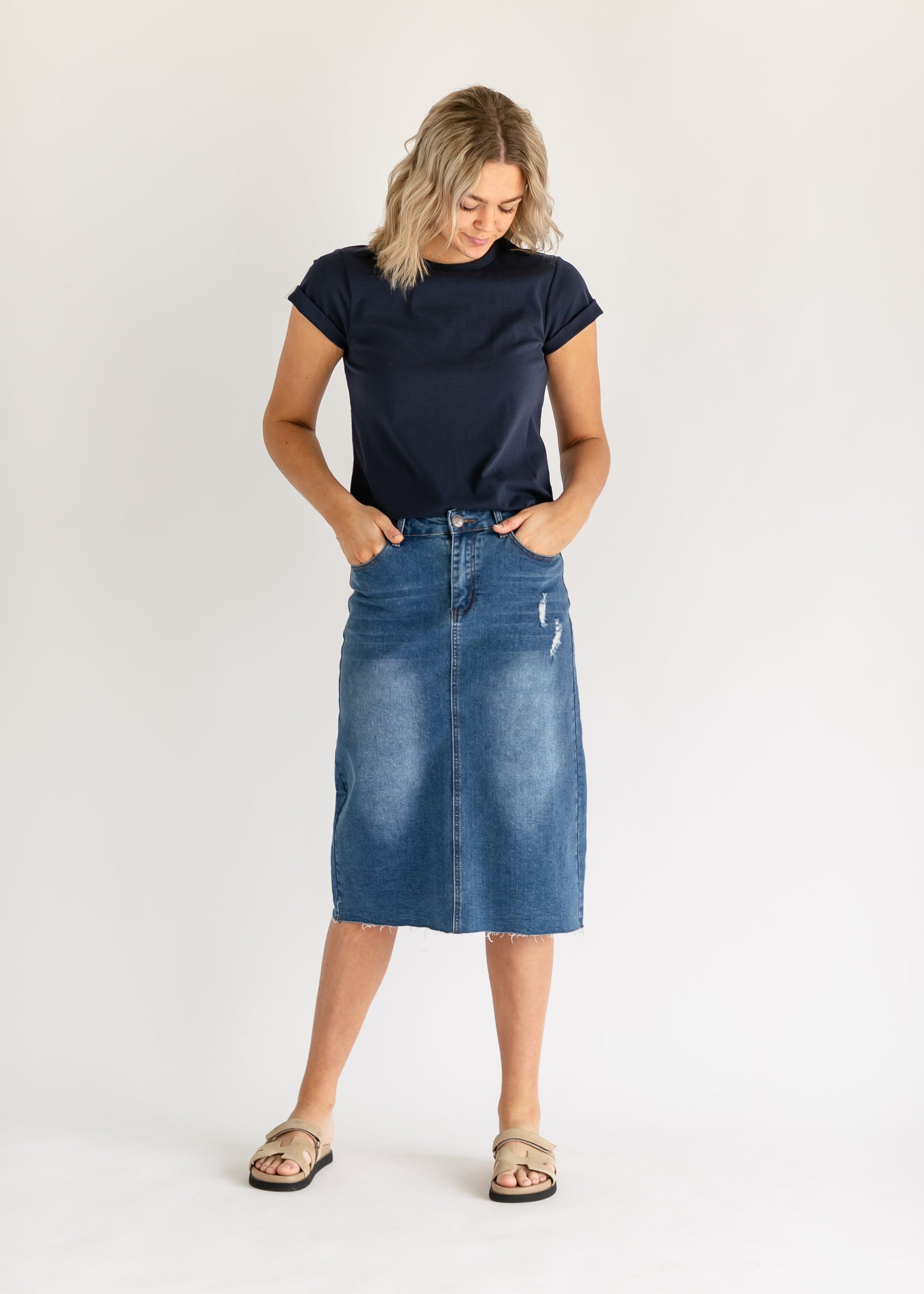 Remi Raw Hem Light Wash Midi Skirt IC Skirts