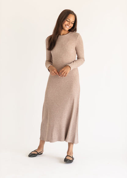 Ribbed Soft Knit Long Sleeve Dress FF Dresses Taupe / S