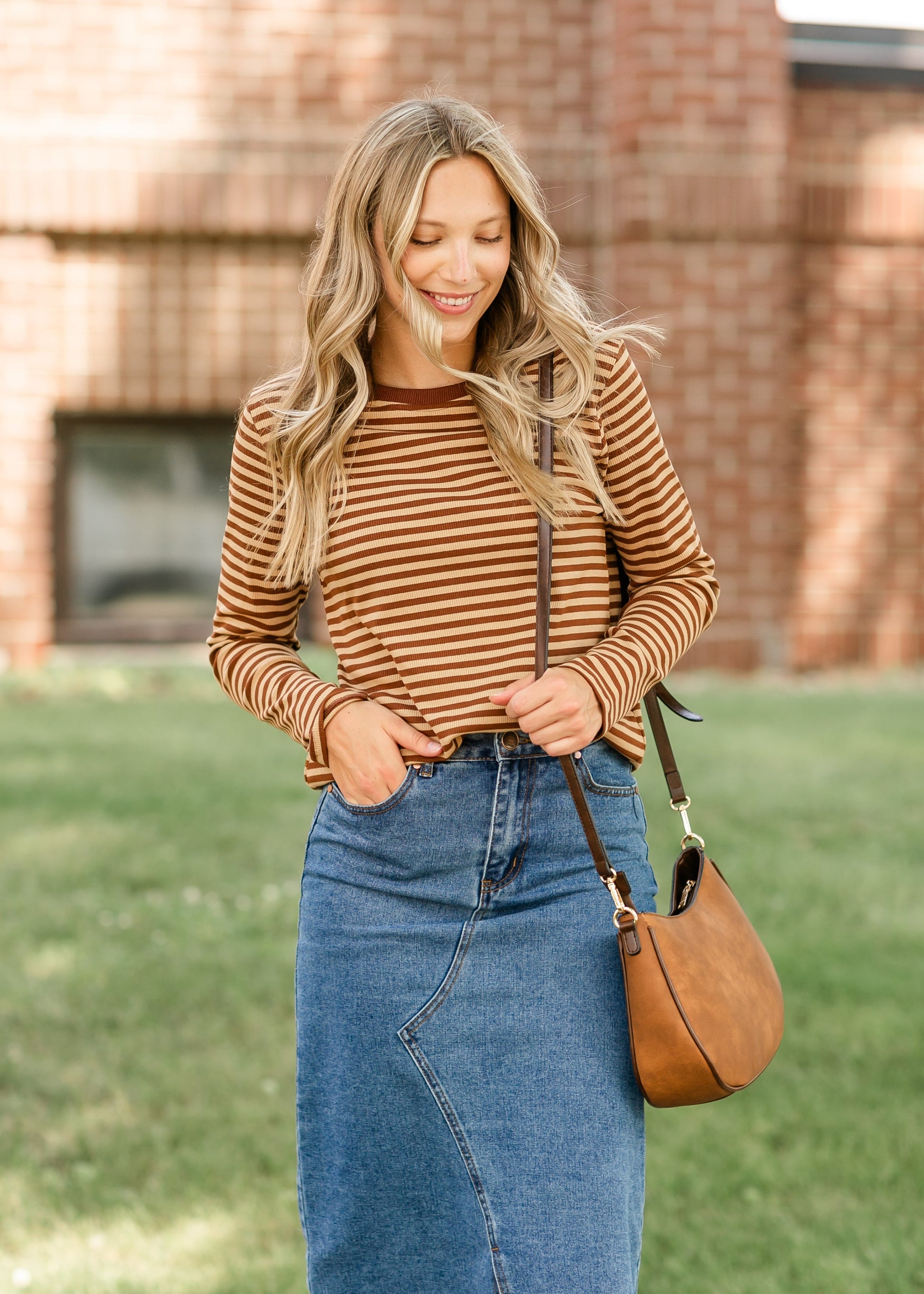 Ribbed Striped Knit Long Sleeve Top FF Tops