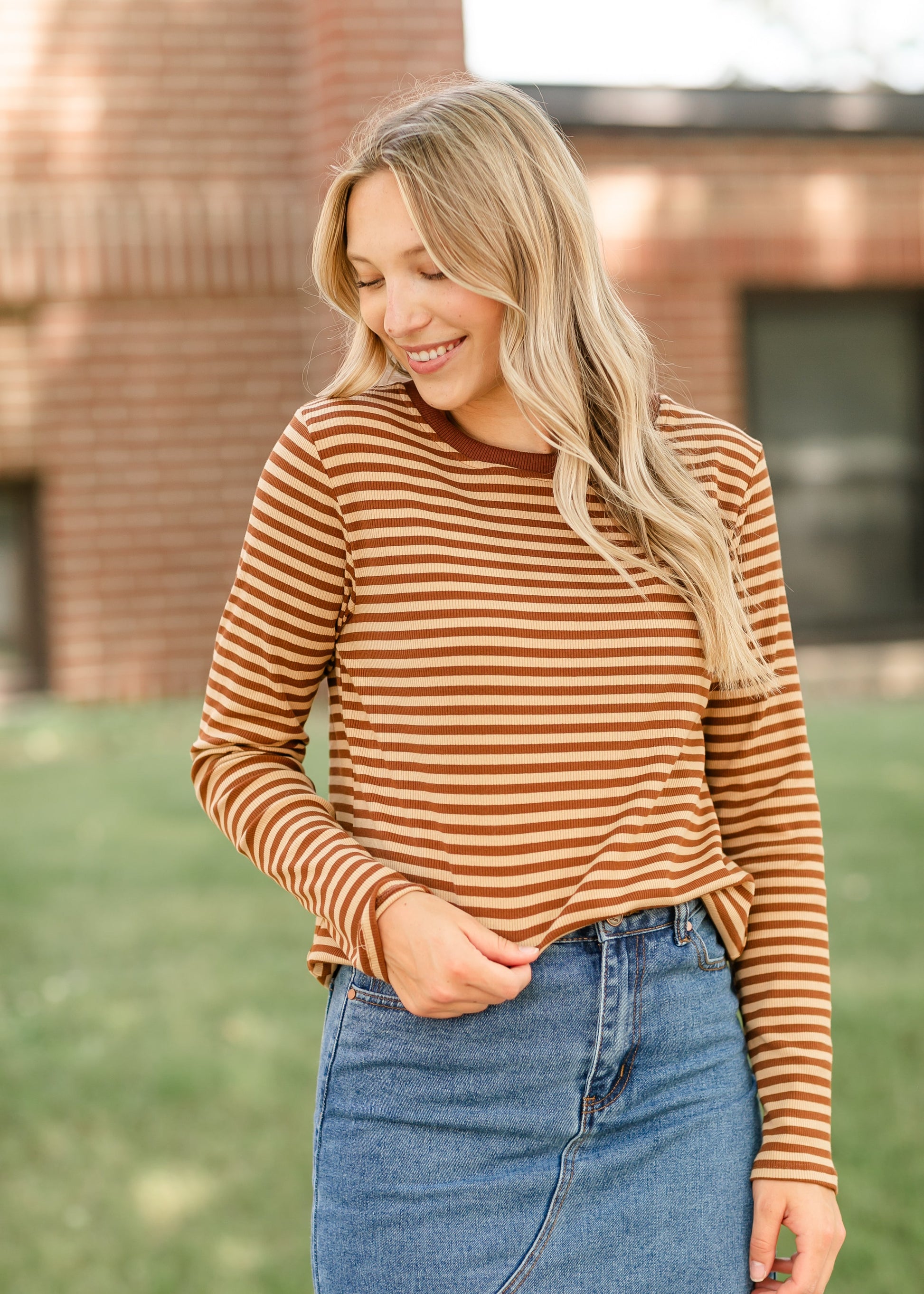 Ribbed Striped Knit Long Sleeve Top FF Tops