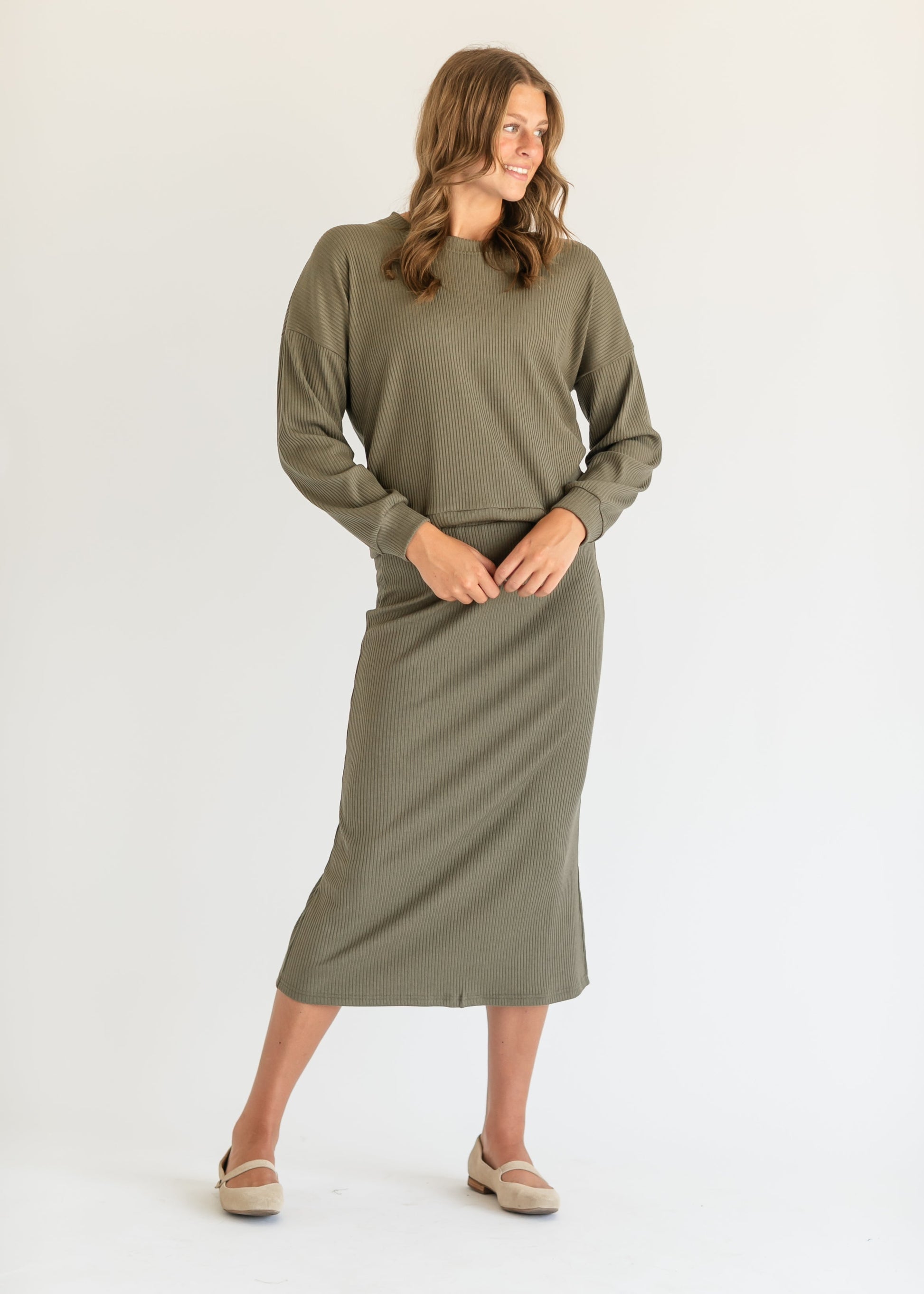 Ribbed Sweater Set Midi Skirt FF Skirts