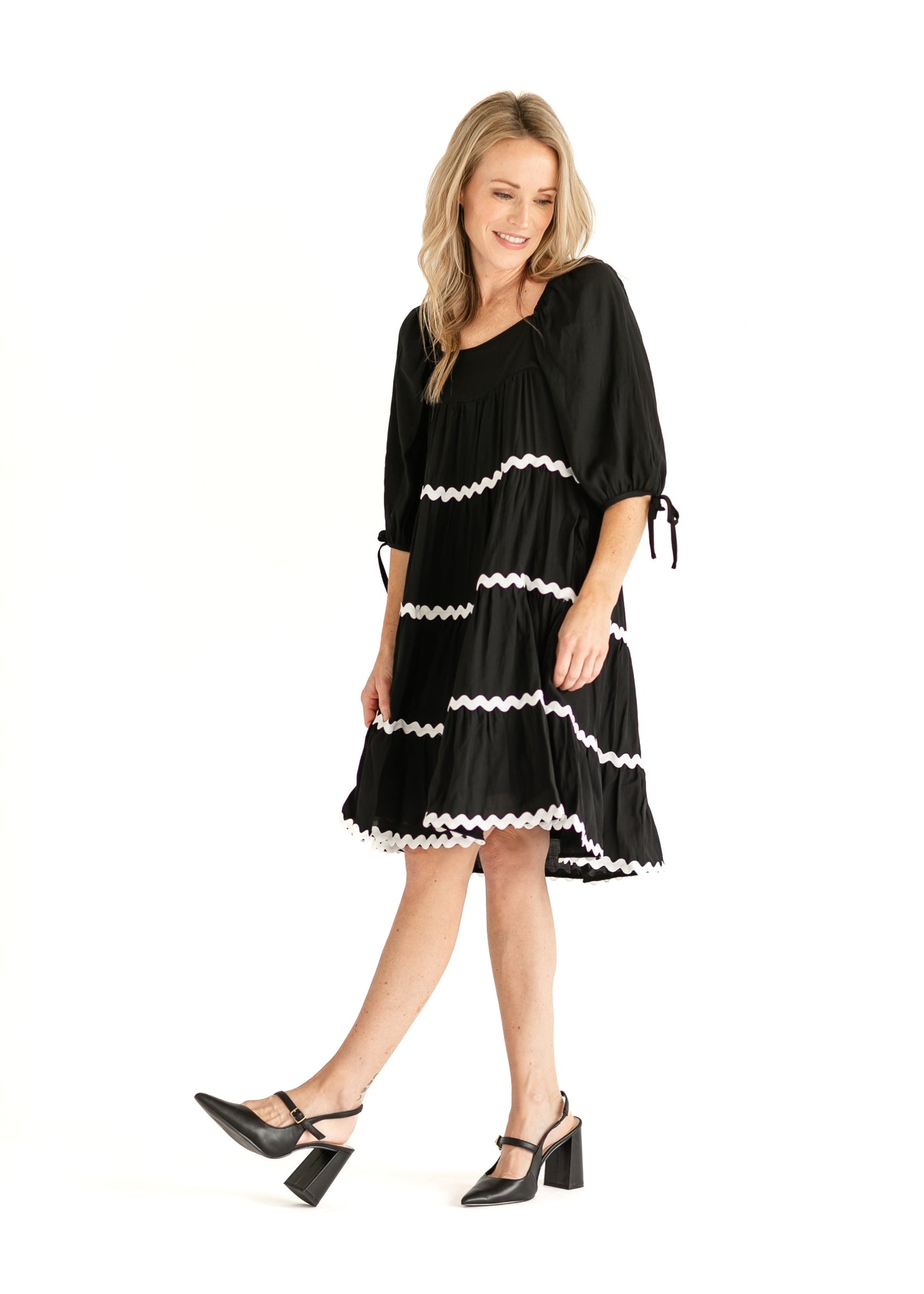 Ricrac Trimmed Tie Sleeve Black Midi Dress FF Dresses